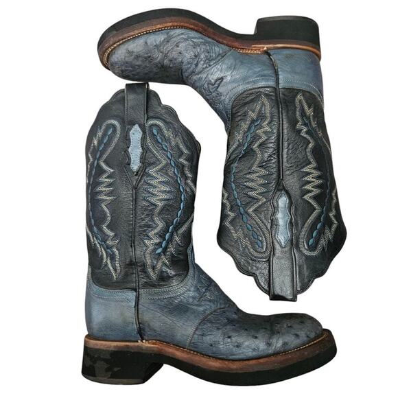Lucchese 2000 Ostrich Skin and Leather Western Cowboy Boots Blue Black Size 7 - Picture 5 of 9